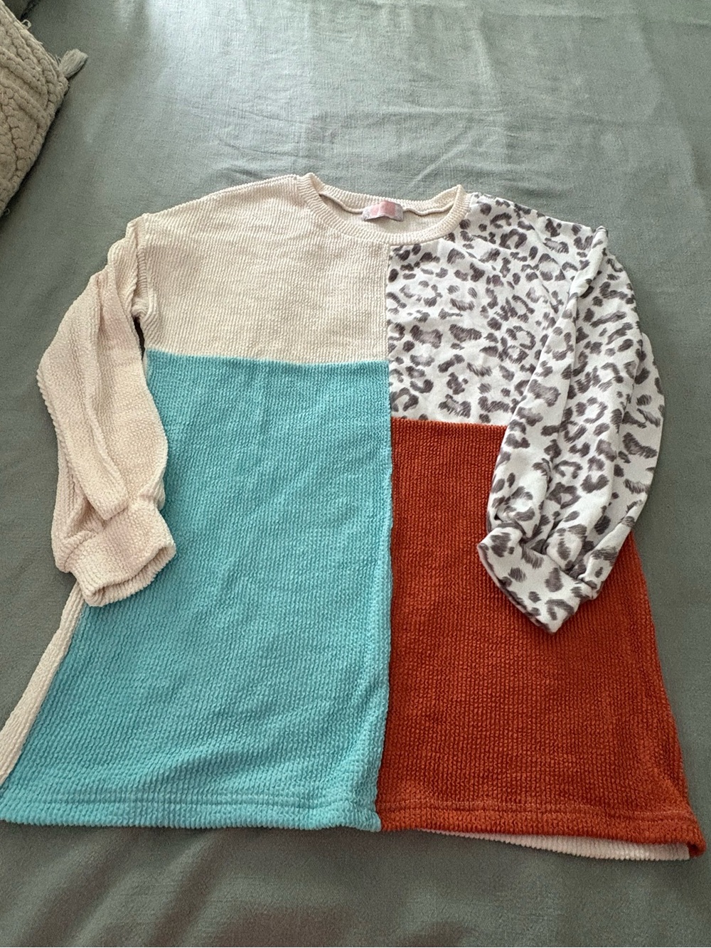 Colorblock Leopard Sleeve Knit Top - Cream, Aqua, Rust